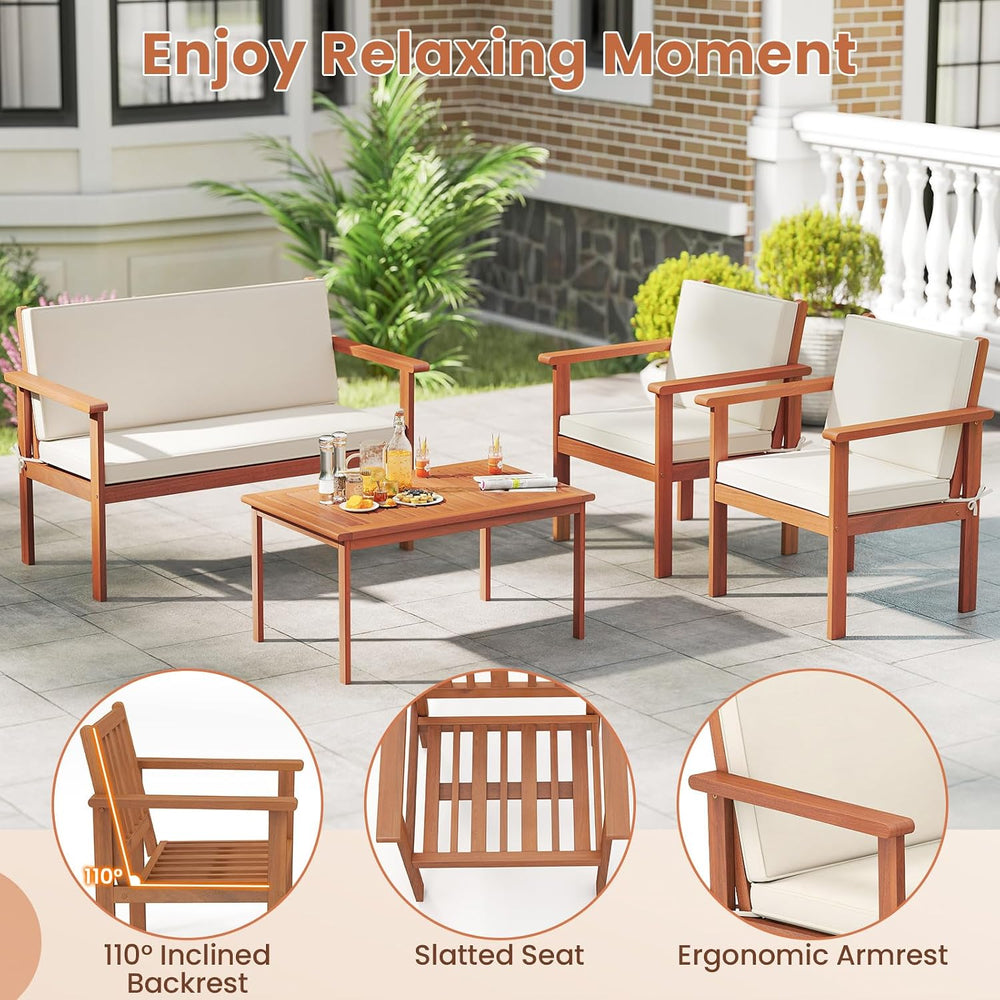 Tangkula 4 Pieces Acacia Wood Patio Conversation Set, Outdoor Wooden Cushione...