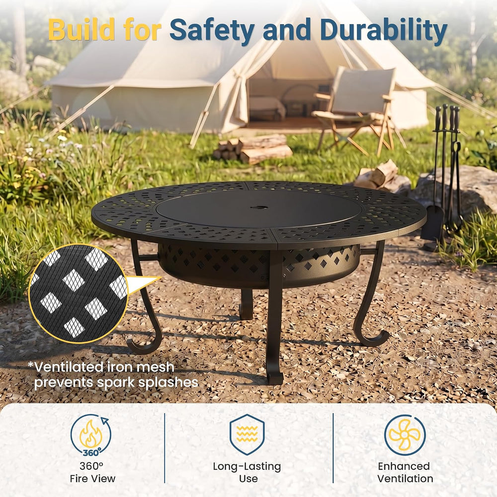 43" Large Fire Pit for Outside with 2 Adjustable Grills,Lid & Fire P...