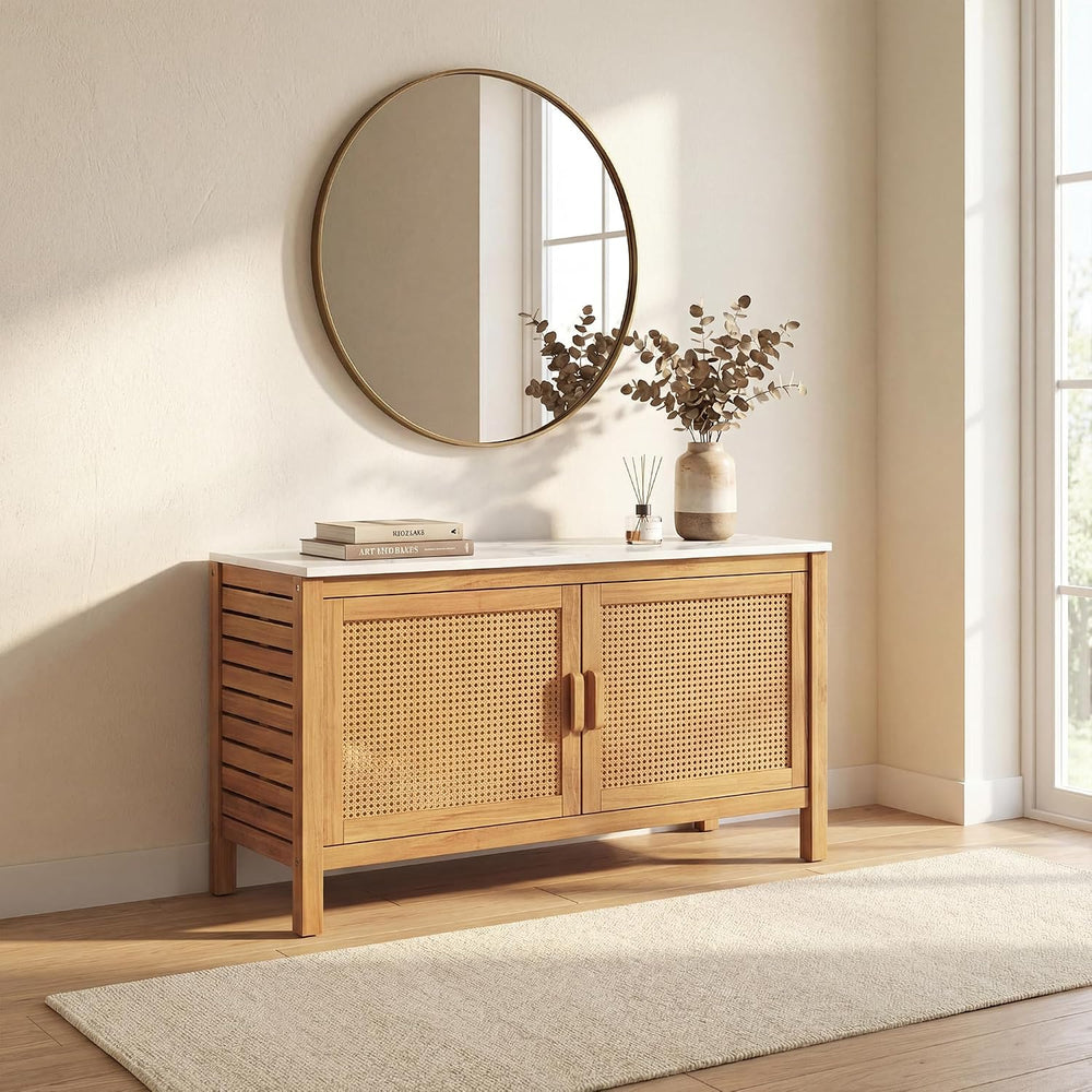 Giantex Acacia Wood Outdoor Cabinet, Storage Cabinet w/Faux Marble Top, Ratta...