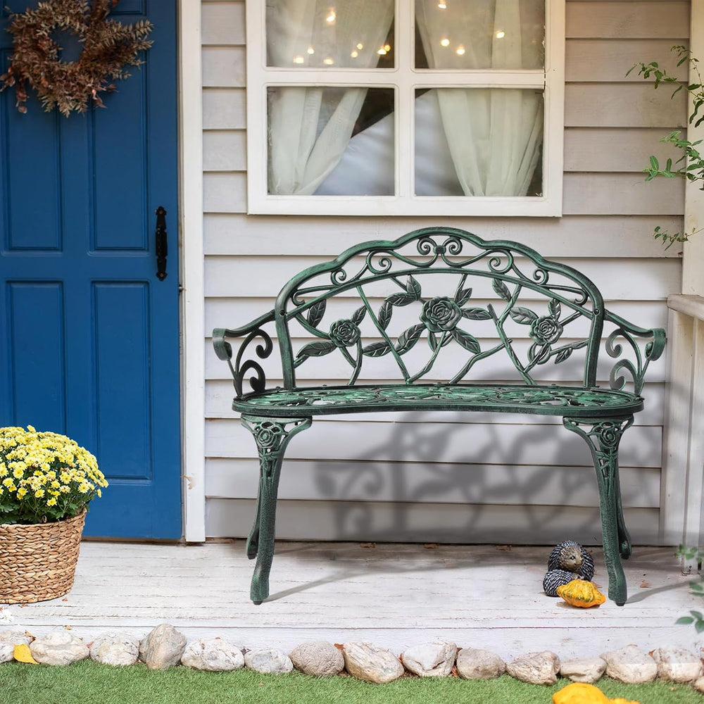 VINGLI 38.5" Patio Park Garden Outdoor Metal Rose Bench, 2-Person Cast I...