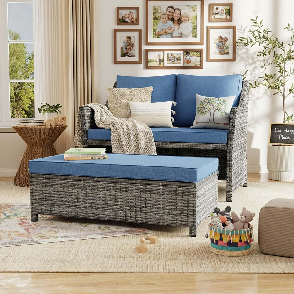 OC Orange-Casual Wicker Patio Loveseat w/Storage Ottoman, 2 Pcs, Navy Blue