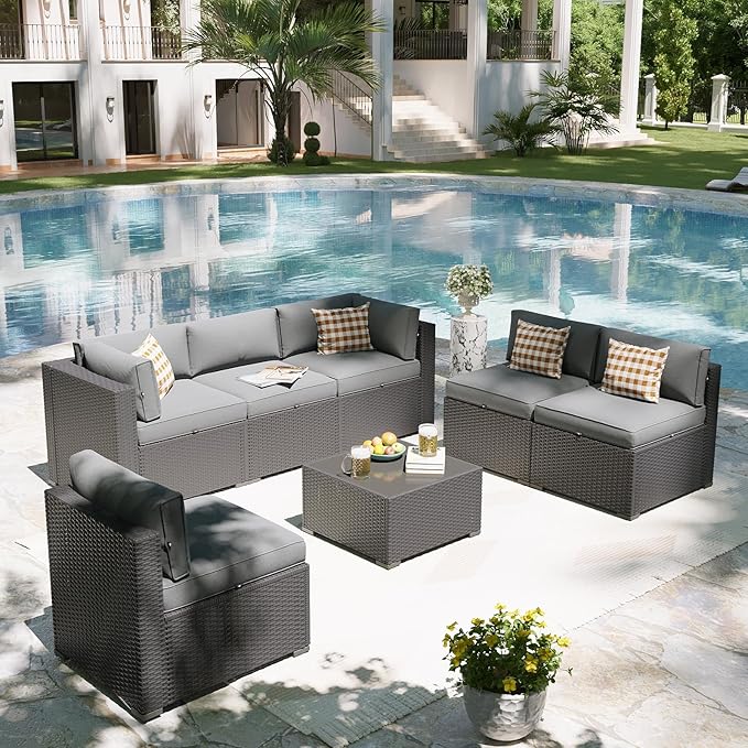 Aoxun Patio Furniture Set, 7 Piece Outdoor Sectional Sofas with Waterproof Co...