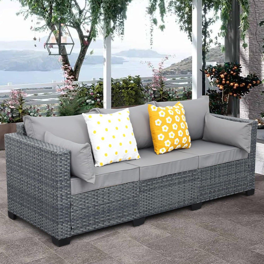 Wicker Patio Couch Outdoor 3-seat Sofa with All-Weather Rattan Deep Seater Ou...