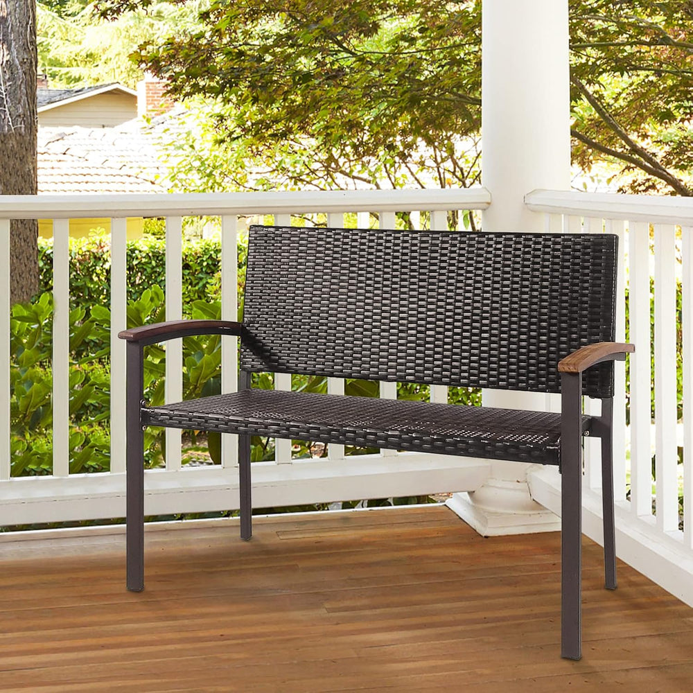 Tangkula Outdoor Stackable Bench, All-Weather PE Wicker Loveseat with Acacia ...