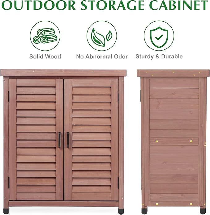 Outdoor Storage Cabinet & Potting Bench Table with Metal Top, Wooden Pati...