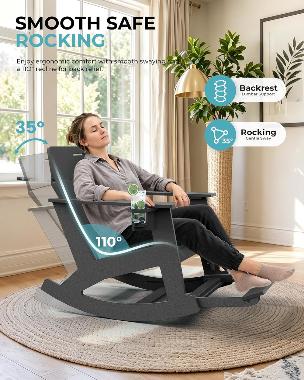 Outdoor Rocking Chair, HDPE Patio Porch Rocker with Ottoman, Grey
