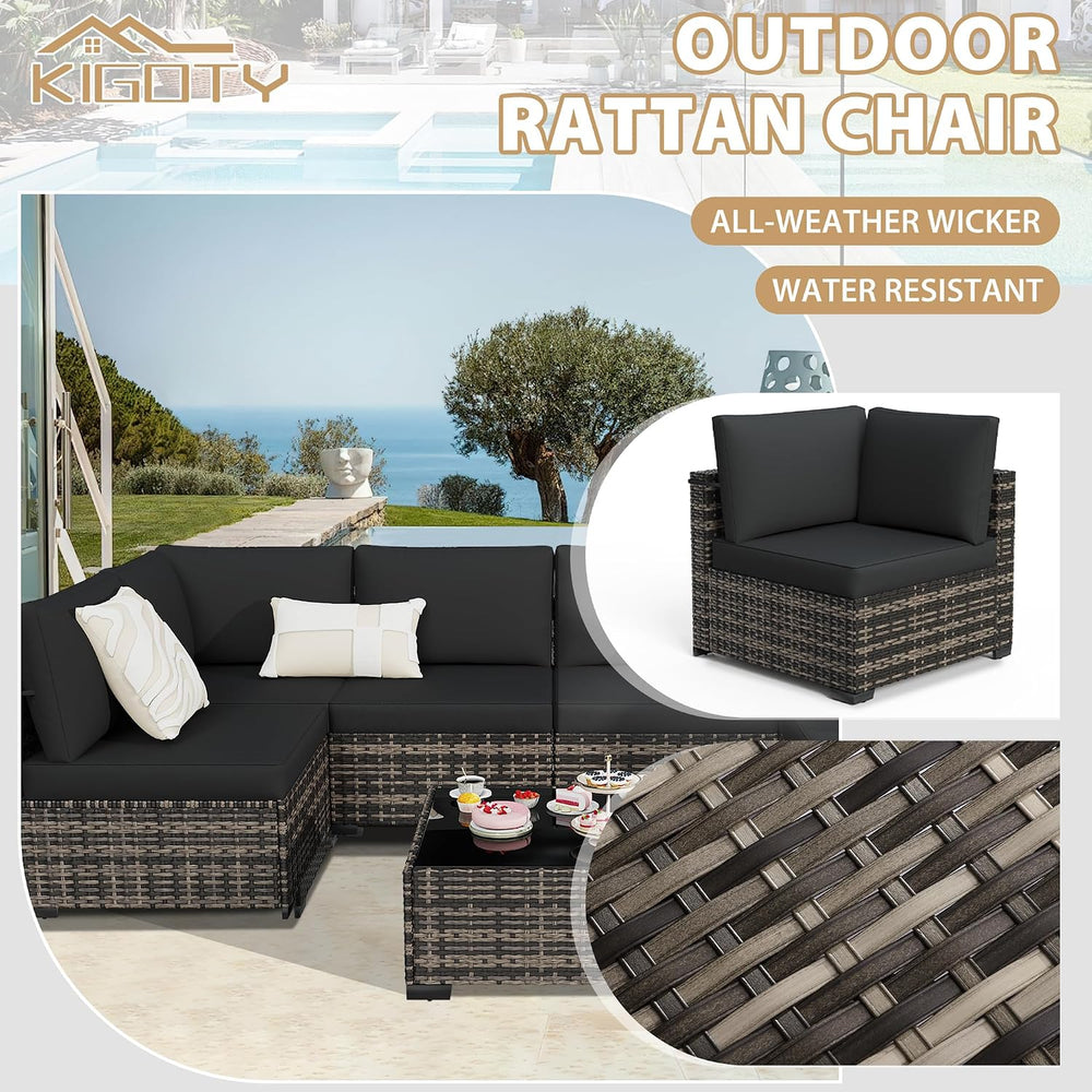 KIGOTY 7-Piece Patio Furniture Set, All-Weather PE Rattan Outdoor Sectional S...