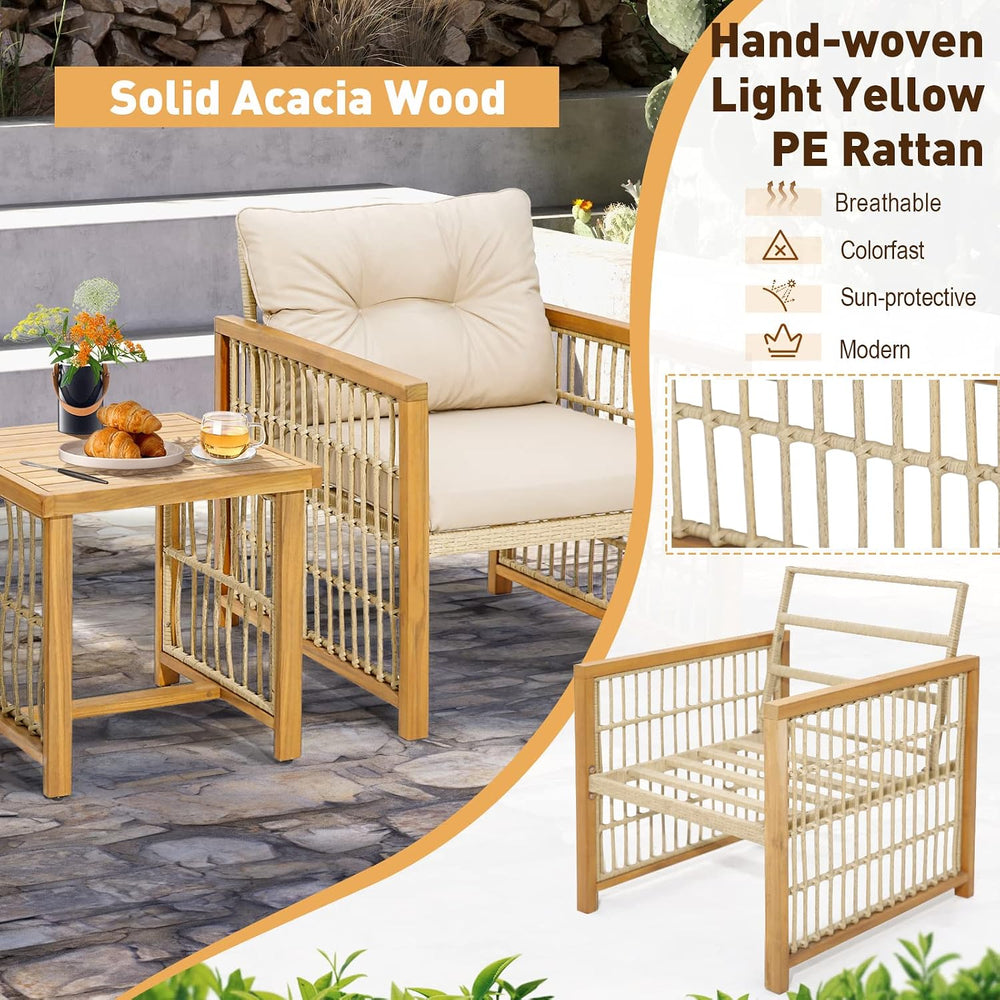 Tangkula 3 Pieces Acacia Wood Patio Furniture Set, PE Wicker Bistro Set with ...