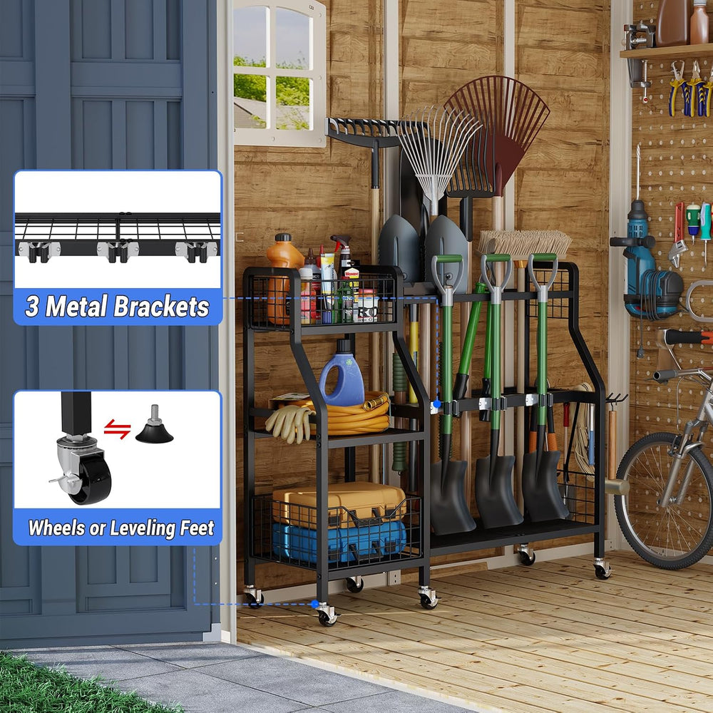keomaisyto Heavy-Duty Garden Tool Organizer with 6 Wheels and 2 Baskets