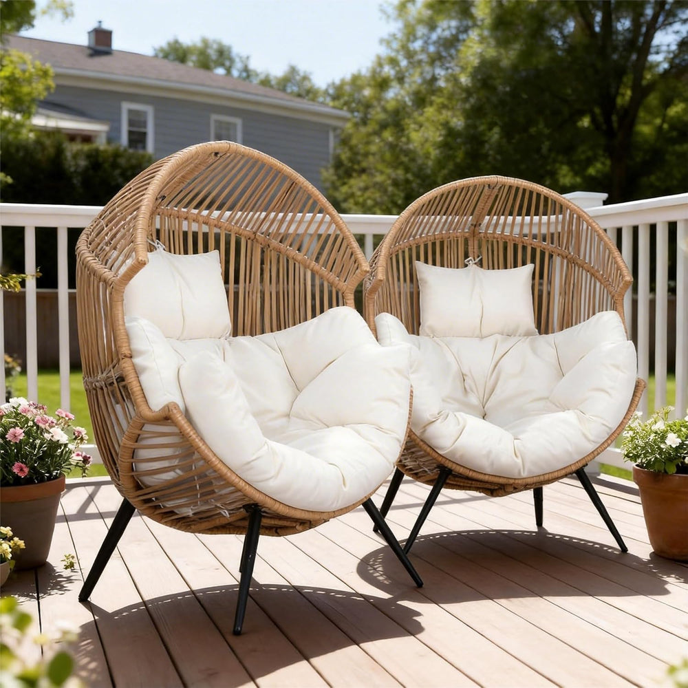 Oversized Outdoor Wicker Egg Chair Set of 2, Patio Lounge Chair Basket Seat w...