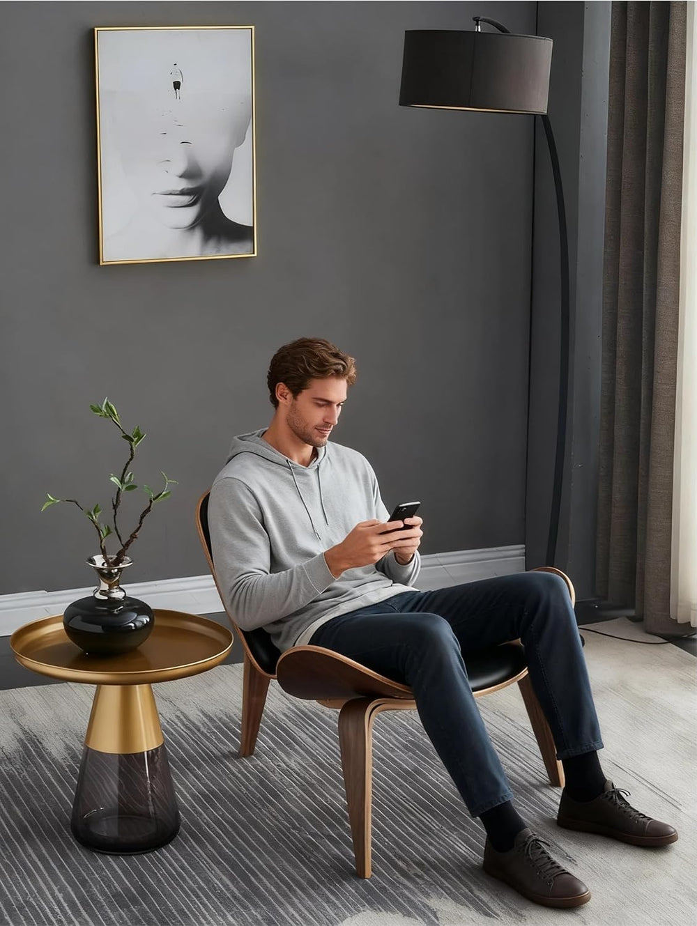 Mid Century Modern Shell Lounge Chair in Walnut & PU Leather