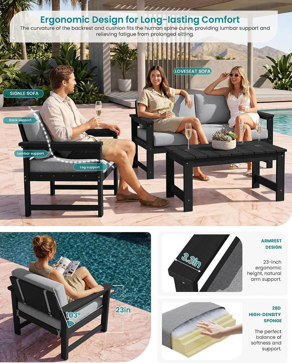 SERWALL 3 Pieces HDPE Outdoor Sofa Bistro Set with Cushions & Coffee Table