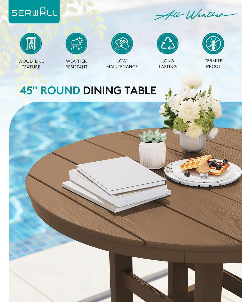 SERWALL 6-Pc Dining Set, 45" Table, 4 Chairs&9FT Umbrella, Brown (No...