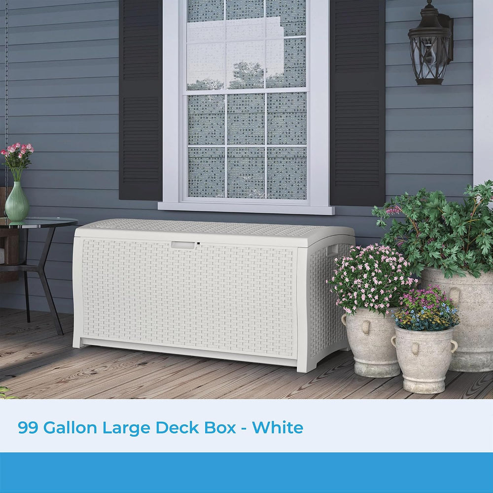 Suncast 99 Gallon Wicker Horizontal Outdoor Deck Box with Hinged Lid, Water-R...