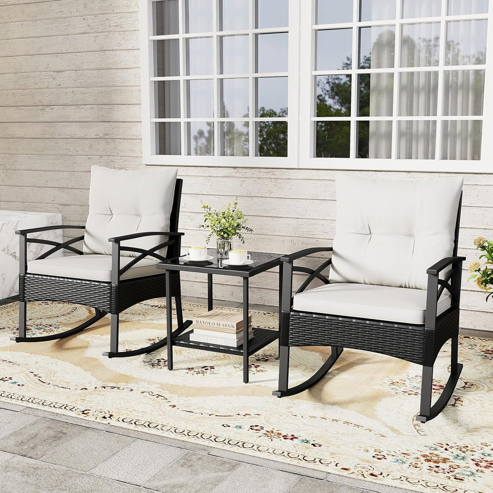 RELAX4LIFE 3-Piece Rattan Patio Rocking Chair Set, 2 Wicker Glider Rocking Ch...