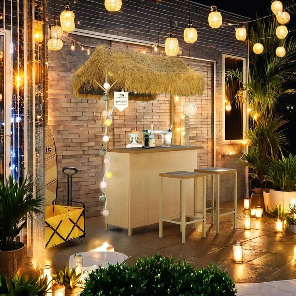 Outdoor 3-Piece Tiki Bar Set, Wicker Bar Table & 2 Stools