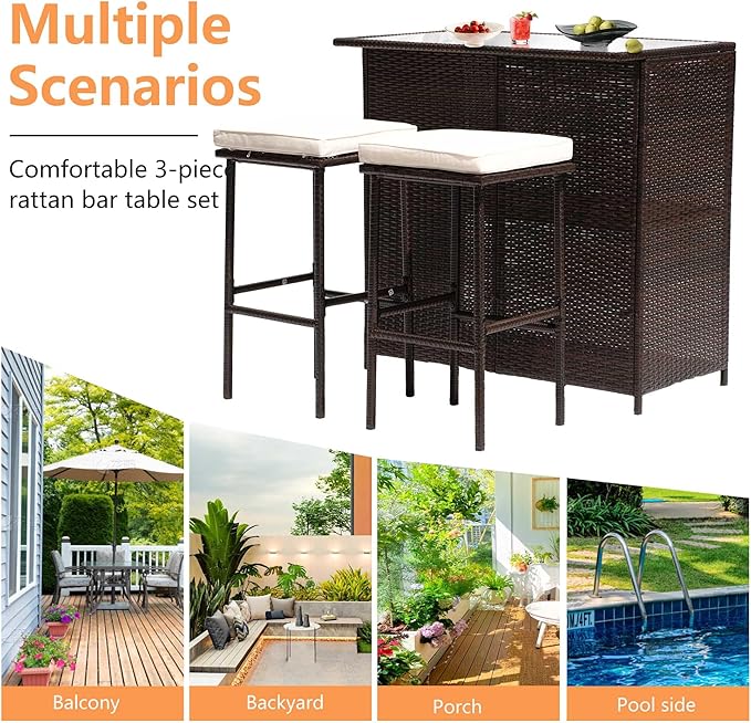 PayLessHere Rattan Bar Set 3Pcs Patio Wicker Bistro Set Sturdy Frame Bar Heig...