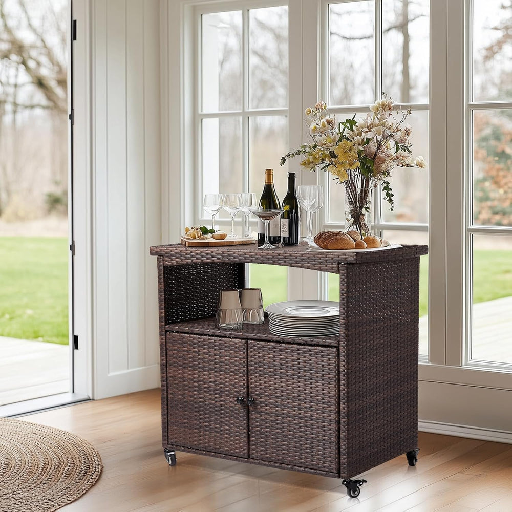 VINGLI Wicker Outdoor Bar Cart with Storage & Rolling Wheels, Patio Bar T...