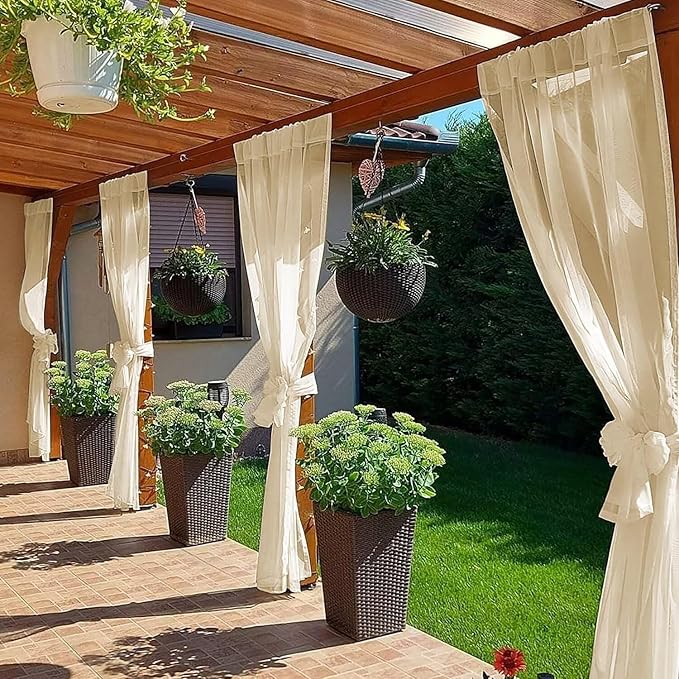 SpaceDresser Waterproof Outdoor Sheer Curtains for Patio - 4 Panels Rod Pocke...