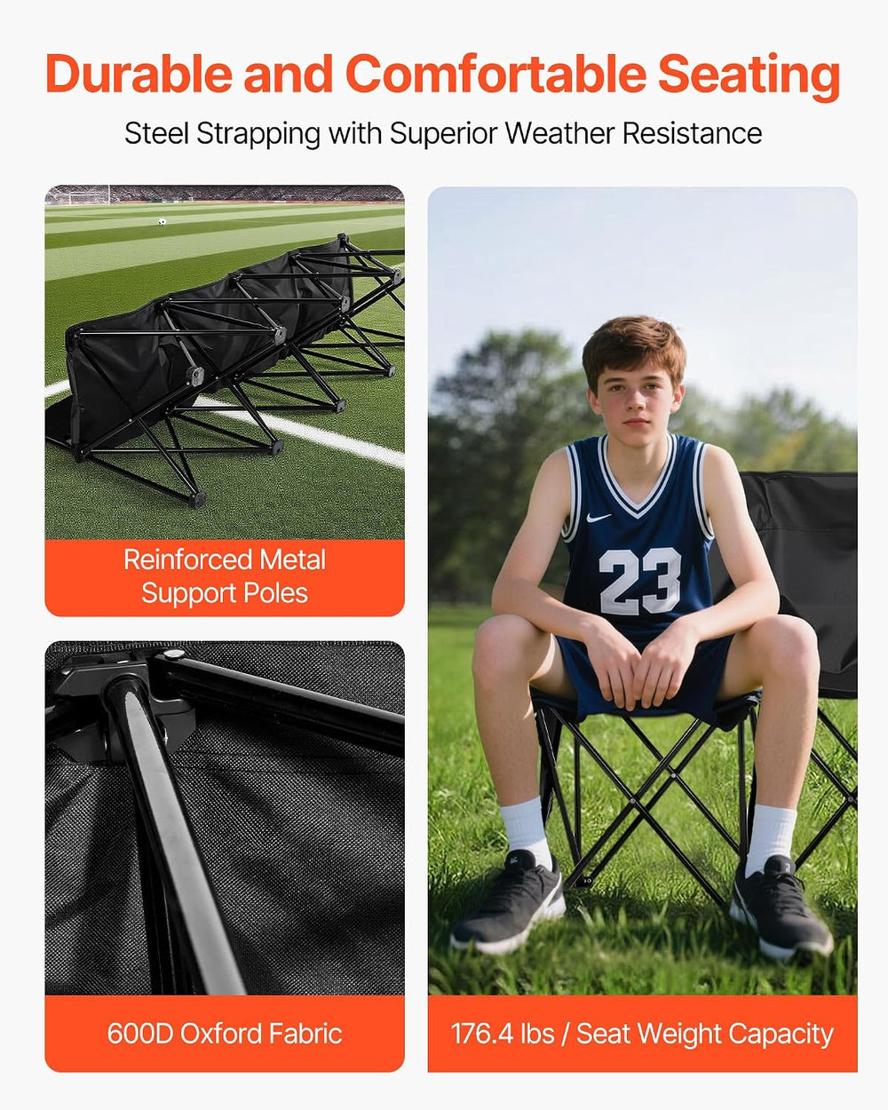 VEVOR Portable Folding Bench, 4 Seat Foldable Soccer Bench with Side Pockets ...