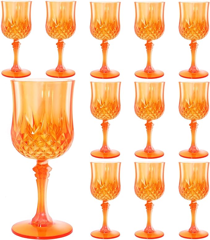 Plastic Wine Glasses,Plastic Goblets Vintage Style Cordial Drinking Glasses for Wedding Reception, Halloween Grand Event Party Supplies (12, Pumpkin orange) (12Pack)