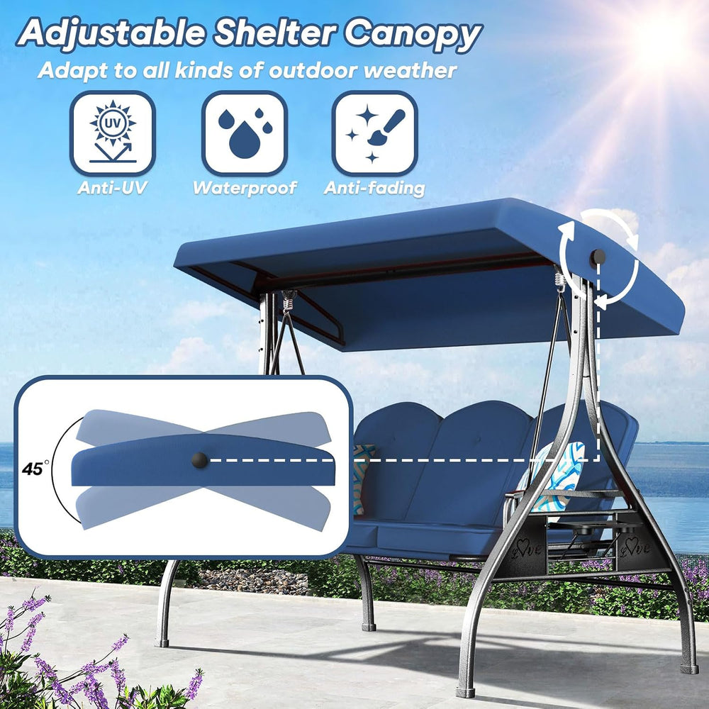 ZZW 3 Seat Outdoor Porch Patio Swing with Stand 800lbs 2-in-1 Convertible Swi...