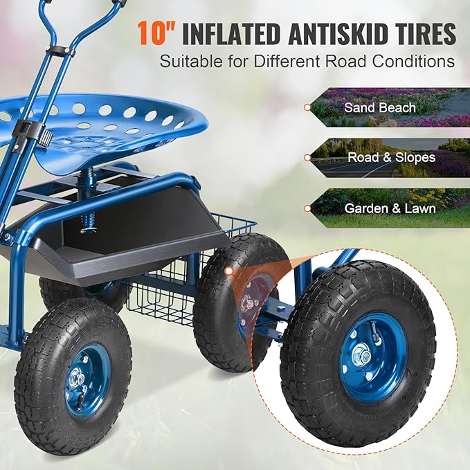 VEVOR Garden Cart Rolling Workseat with Wheels, Gardening Stool for Planting,...