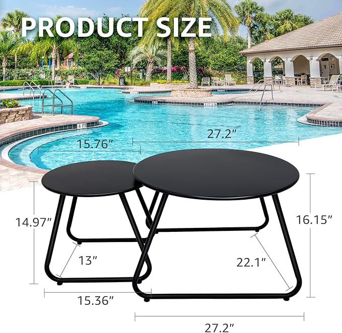 Patio Outdoor Coffee Table Set of 2, Weather Resistant Steel Round End Tables...