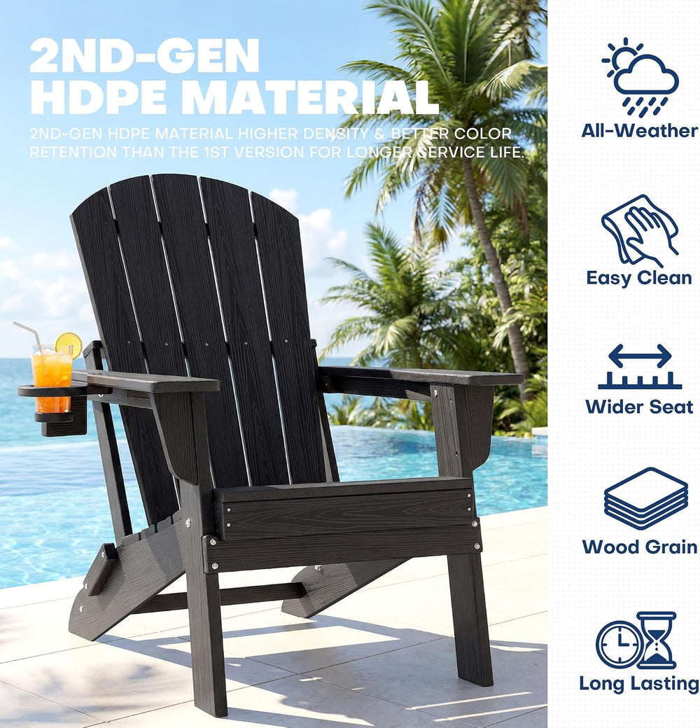HDPE Folding Adirondack Chair with Cup Holders, Black