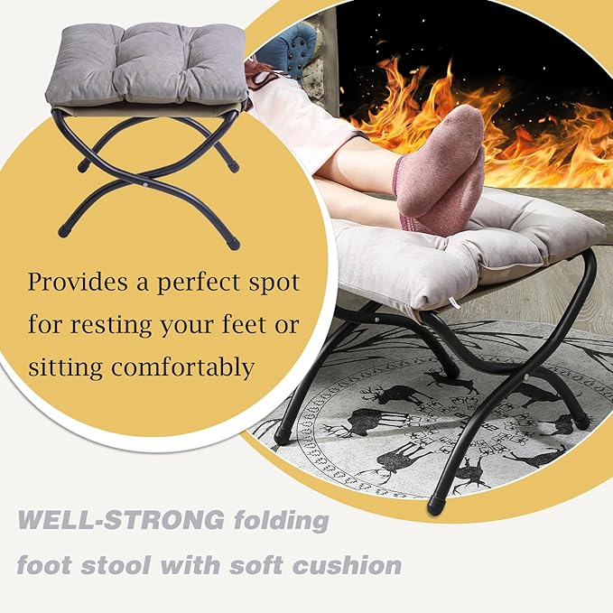 15" Foldable Foot Stool Ottoman with Metal Frame - Washable Light Grey U...