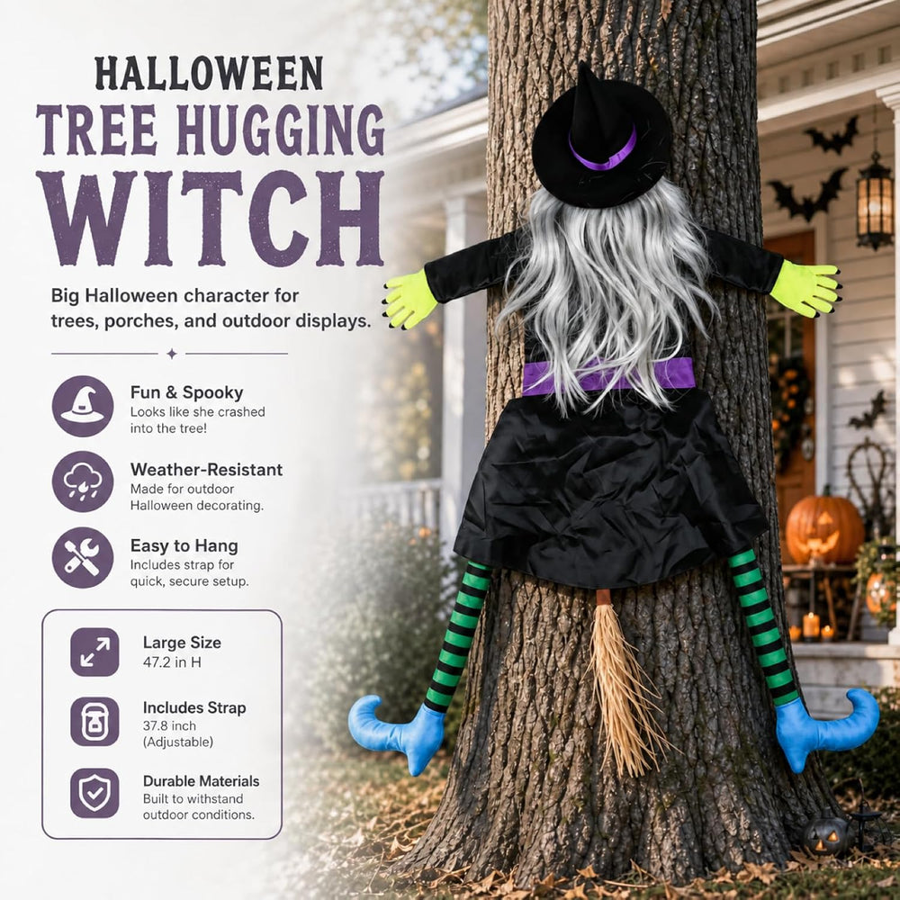 Halloween Decoration Outdoor, Tree Hugging Witch with Silver Gray Hair
