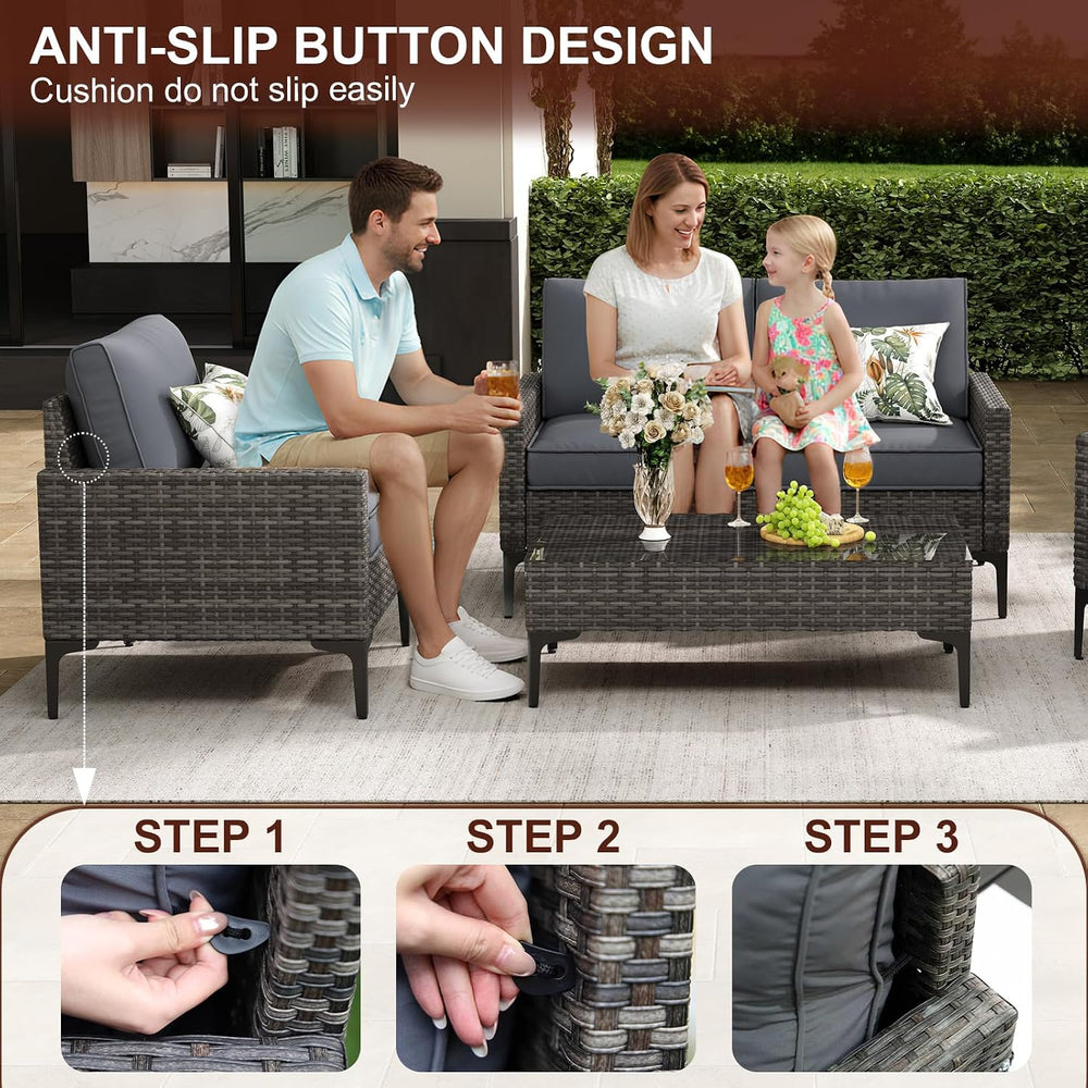 4-Piece Patio Furniture Set,Outdoor Wicker Patio Conversation Set with Temper...