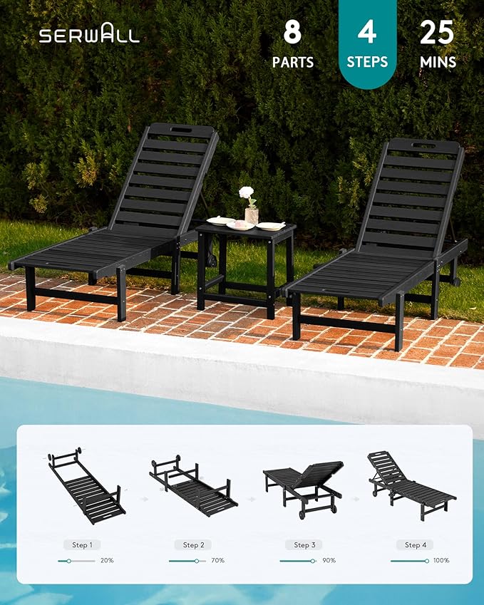 SERWALL Outdoor Chaise Lounge Set of 6, HDPE Pool Lounge Chair with 5-Positio...