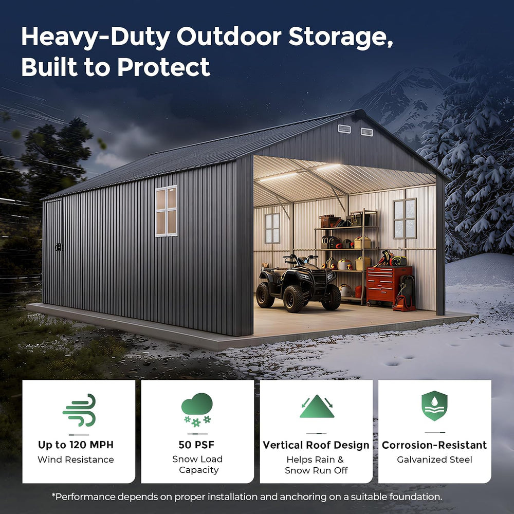 13x20x9.5 FT Outdoor Metal Garage, Enclosed Carport with Solar Light Bars