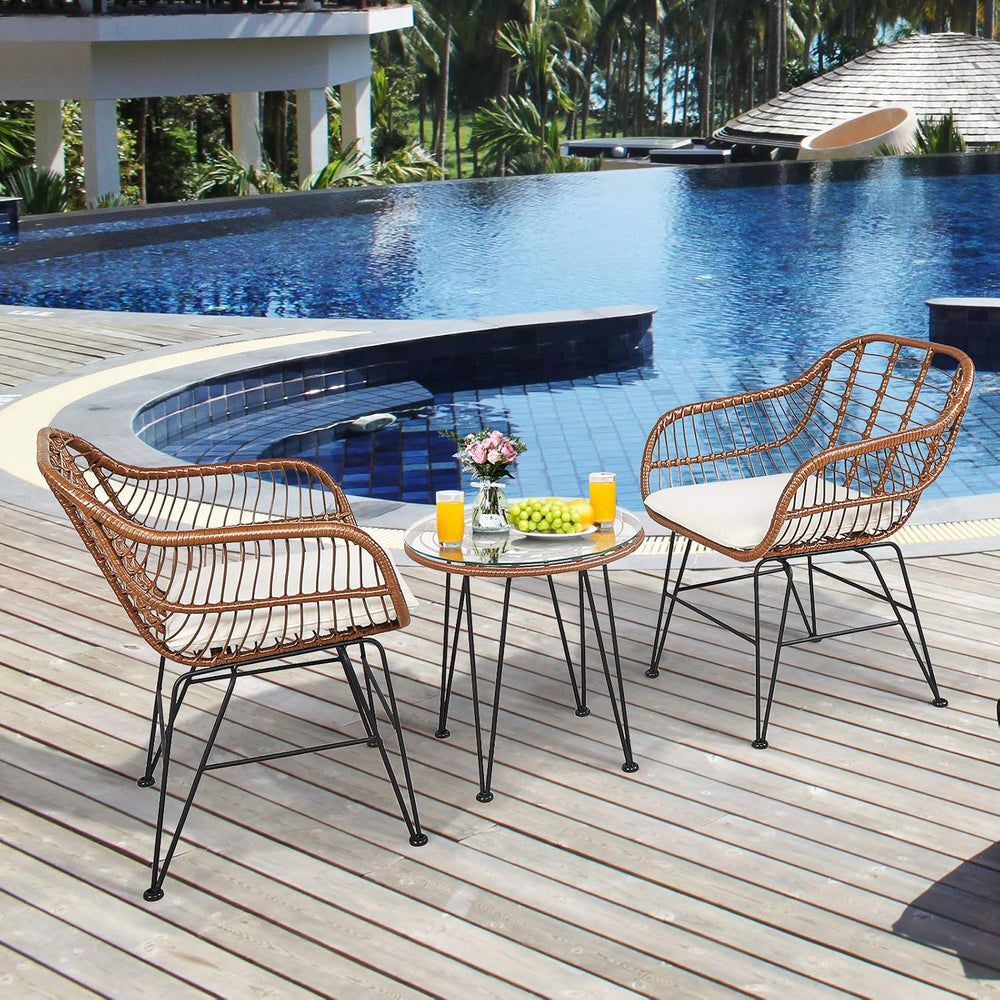 Tangkula 3 Pieces Patio Conversation Bistro Set, Outdoor Wicker Furniture w/R...