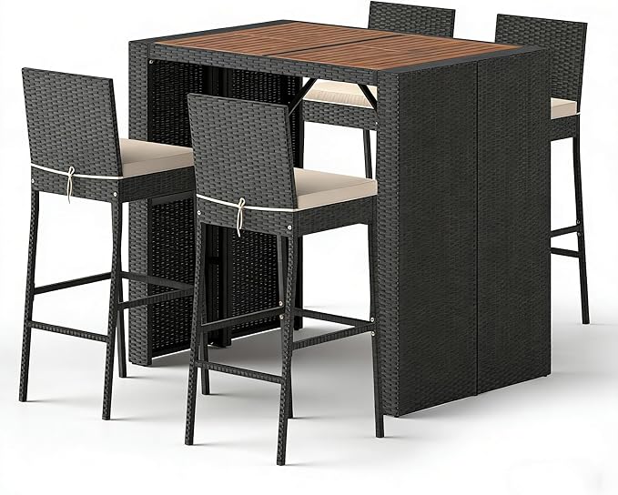 COSTWAY 5 Piece Patio Bar Set, Outdoor Rattan Wicker Bar Table and 30'