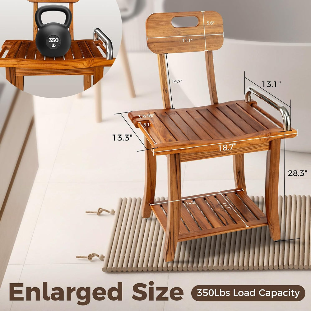 Teak Shower Bench Seat with Handles and Backrest, 19" Solid Wood Shower ...