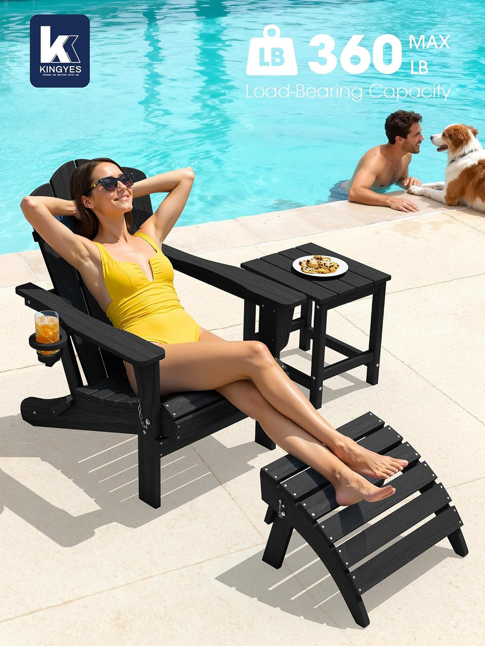 KINGYES Folding Adirondack Chair Set of 2 with Cup Holder, Black
