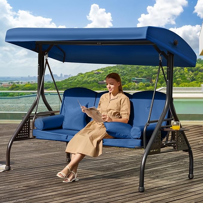 3 in 1 Outdoor Porch Swing with Adjustable Canopy, 3 Seat Outdoor Swing for A...
