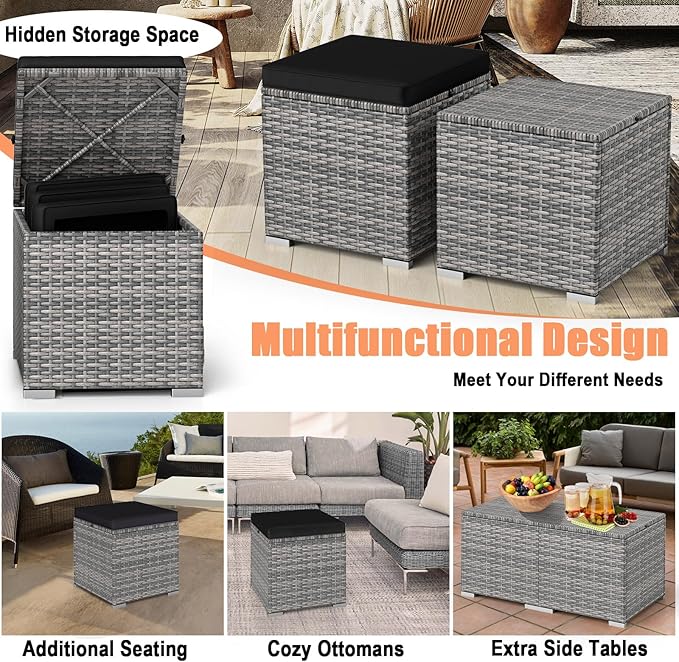 RELAX4LIFE Wicker Outdoor Storage Ottoman - 2-Piece Rattan Footstool w/Remova...