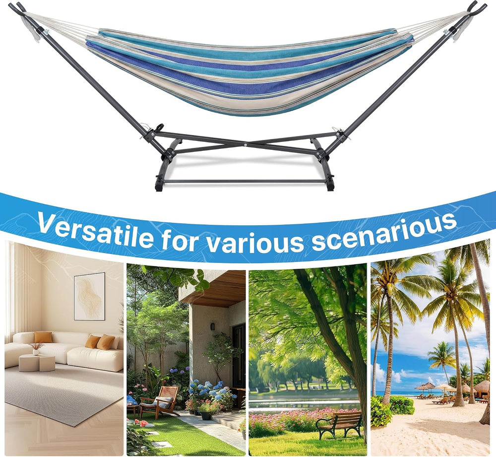 Portable Hammock with Folding Hammock Stand, Blue Stripes