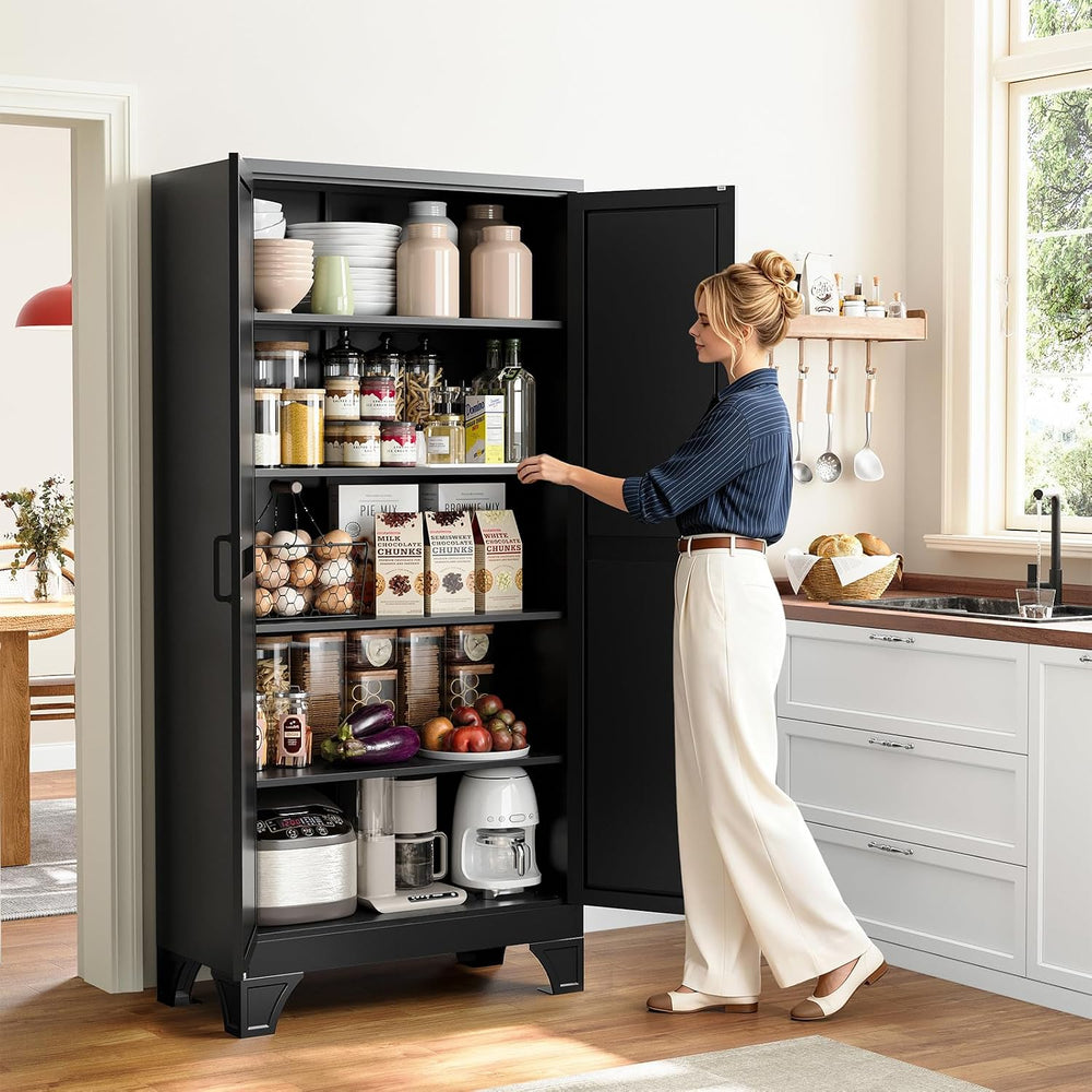 75" Black Metal Pantry Storage Cabinet,Garage Tool Storage Cabinets