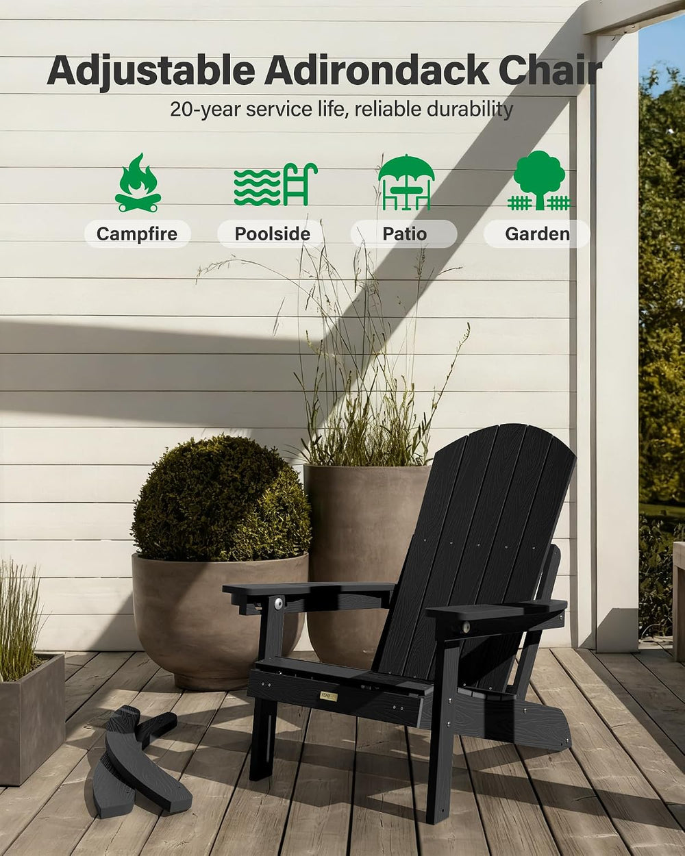 YEFU Adirondack Rocking Chairs Set of 2, with Footrest, All-Weather, Black | ...