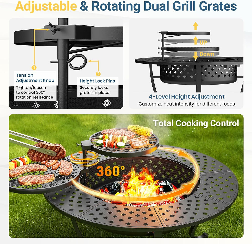 43" Large Fire Pit for Outside with 2 Adjustable Grills,Lid & Fire P...