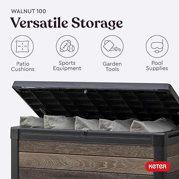 Keter Walnut 100 Gallon Resin Deck Box-Organization and Storage for Patio Fur...