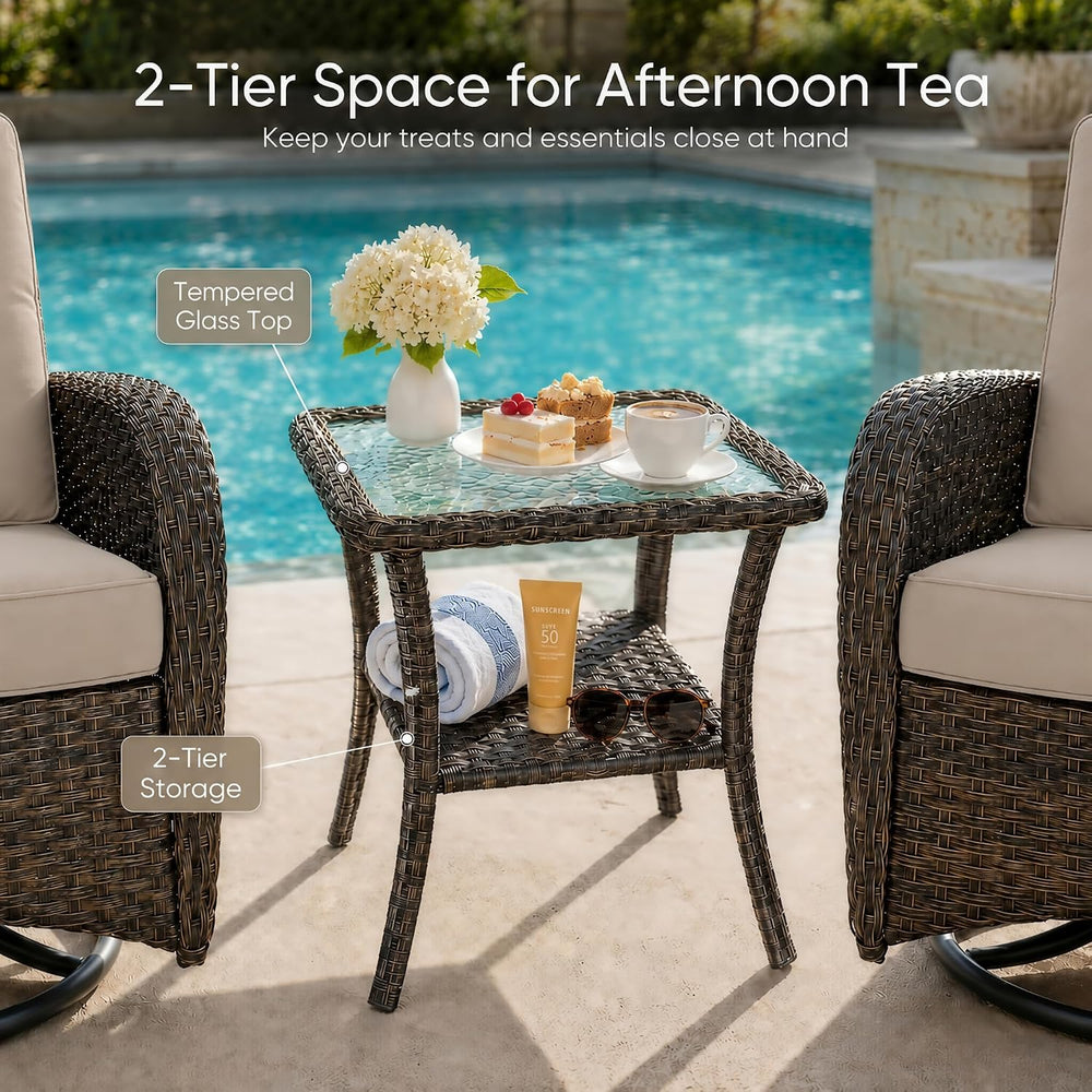 3 Piece Wicker Patio Swivel Rocker Set with Table, Brown/Beige