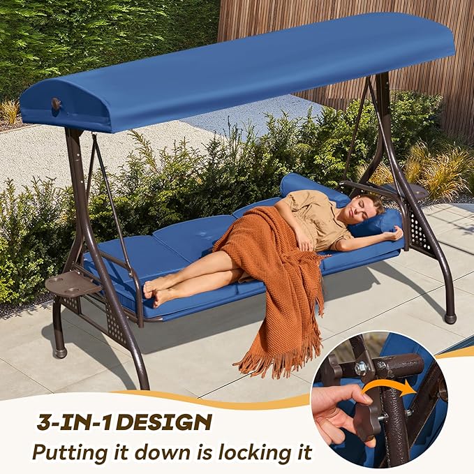 3 in 1 Outdoor Porch Swing with Adjustable Canopy, 3 Seat Outdoor Swing for A...