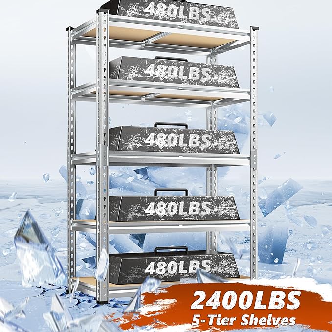 REIBII Garage Shelving, 5 Tier Storage Shelves Load 2400LBS, Adjustable Garag...
