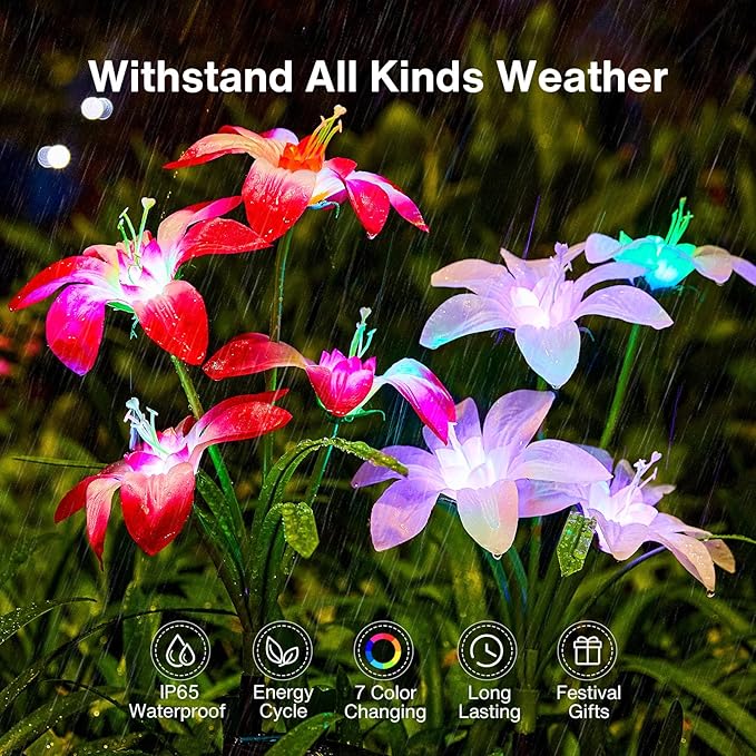 Solar Garden Lights Outdoor, 8 Pack Blooming Lily Solar Flowers Outdoor Water...