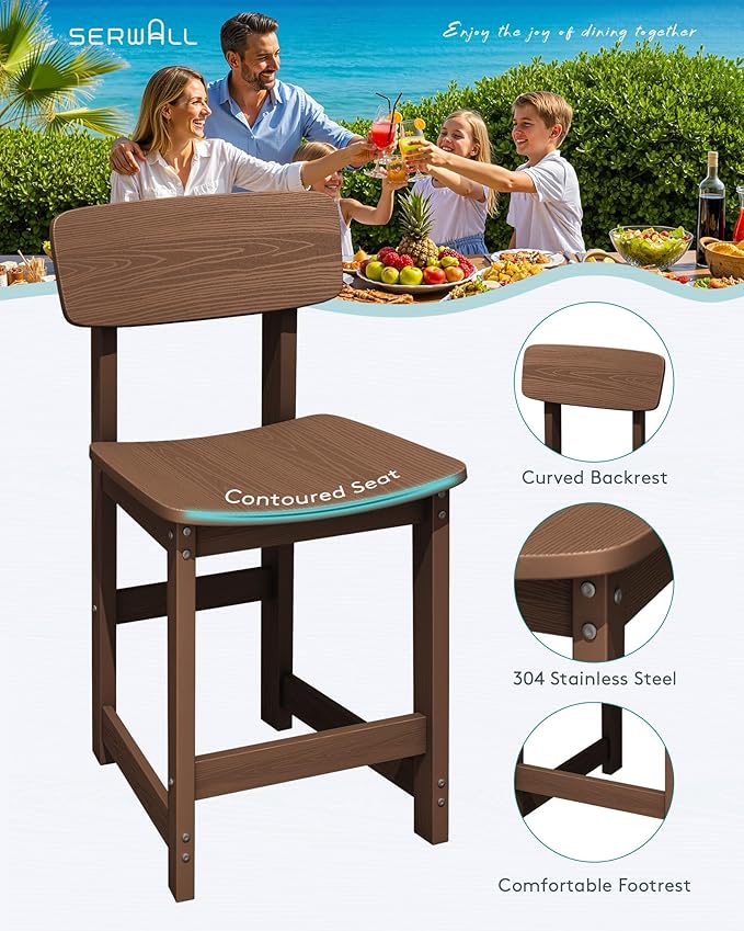 SERWALL 3-Piece Outdoor Counter Height Bar Set, HDPE Patio Bar Table with Win...
